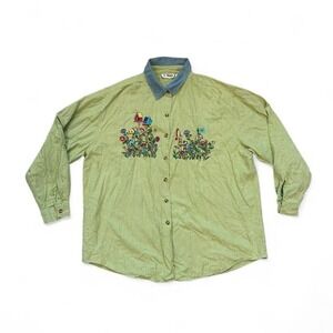 VTG button down embroidered floral garden granny collard plaid cotton Longsleeve